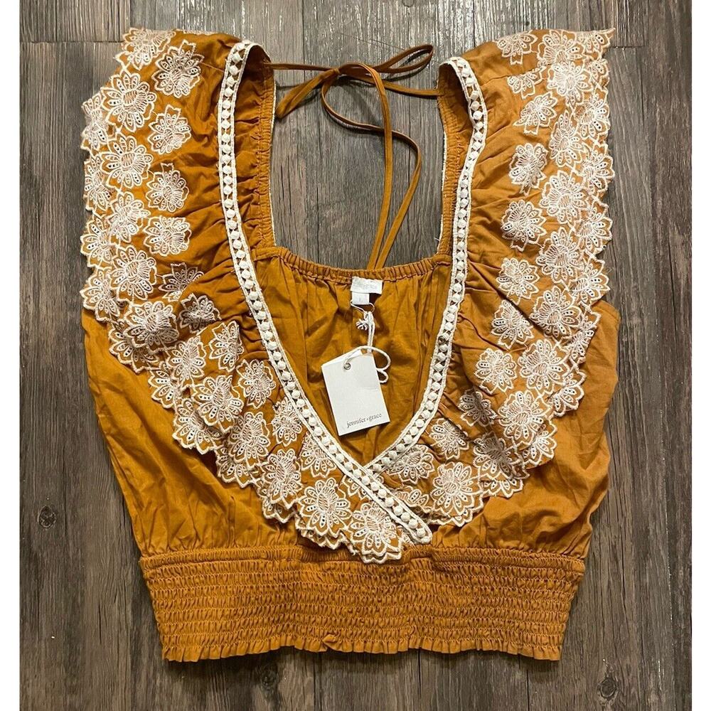 Jennifer & Grace Top Womens Large Ruffle Sleeve Neck Crop Boho